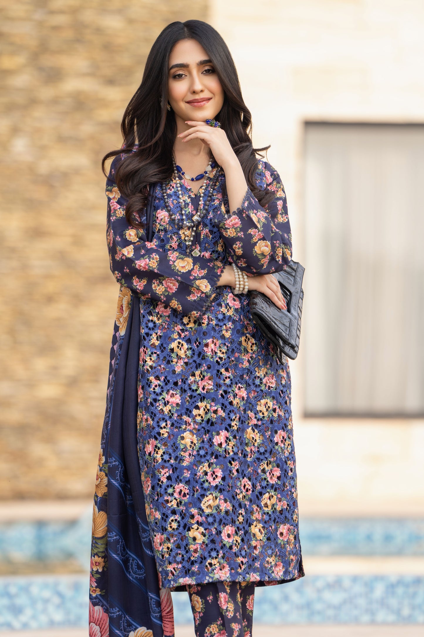 Lazer Cut Embroidered Dress with Pashmina Shawl TW6