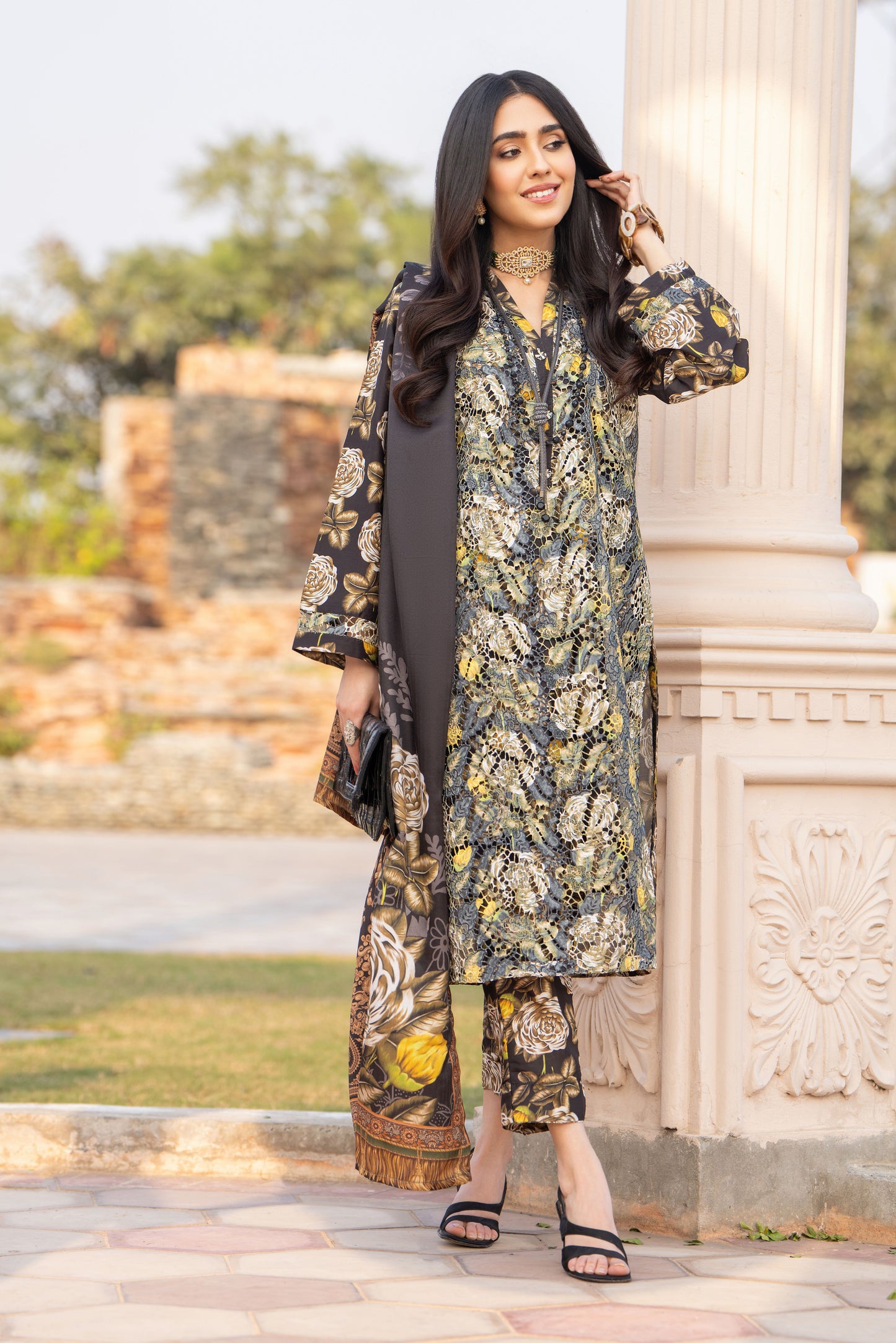 Lazer Cut Embroidered Dress with Pashmina Shawl TW8